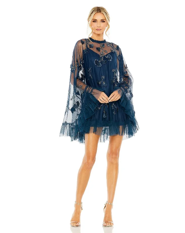 Little black cocktail dresses with lace detailingMac Duggal 9257 Embellished Long Flare Sleeve Mesh A Line Short Dress