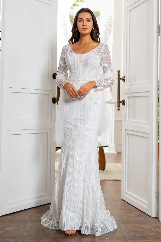 Satin - lined cocktail dresses with a lace outer layerMermaid White Mother Dress Long Sleeves