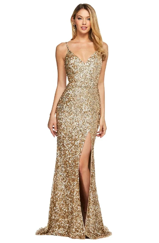 Formal dresses with off - the - shoulder sleeves and rhinestone accents for a sophisticated promSherri Hill - 53449 Long Deep V-Neck Beaded High Slit Dress