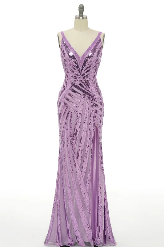 Ribbed - texture cocktail dresses with a cap - sleeve designSparkly Purple Sequins Backless Long Prom Dress