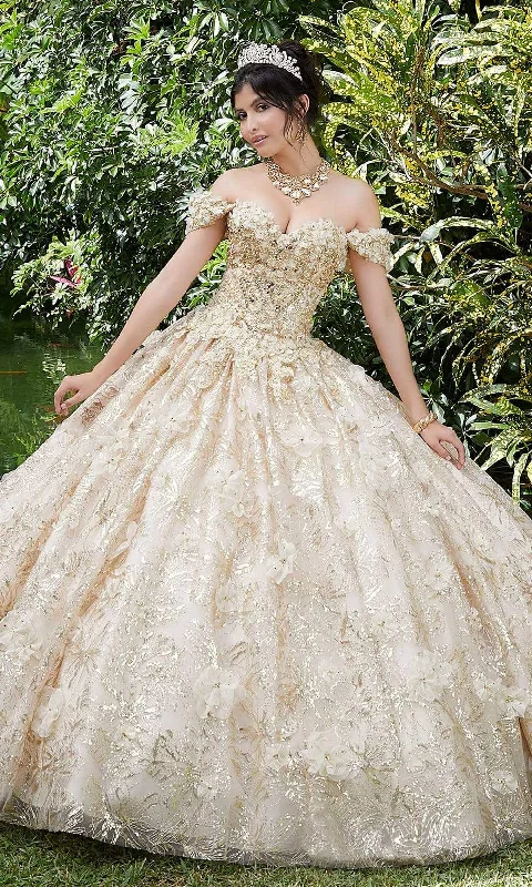 Formal dresses with abstract print panels and rhinestone embellishments for a unique formal eventVizcaya by Mori Lee - 89289 Floral Applique Off-Shoulder Ballgown