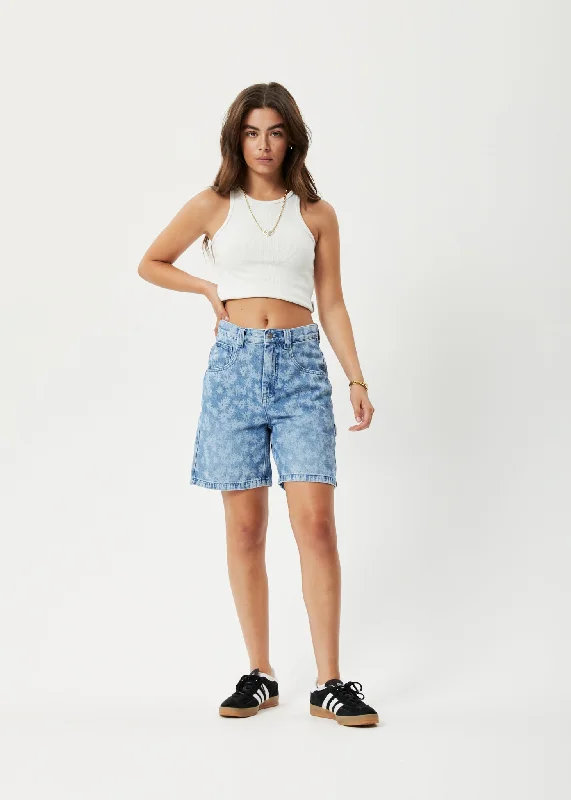 Printed Animal Print Women Shorts for a Wild and Stylish AppearanceAFENDS Womens Fink Emilie - Denim Carpenter Shorts - Worn Blue Daisy