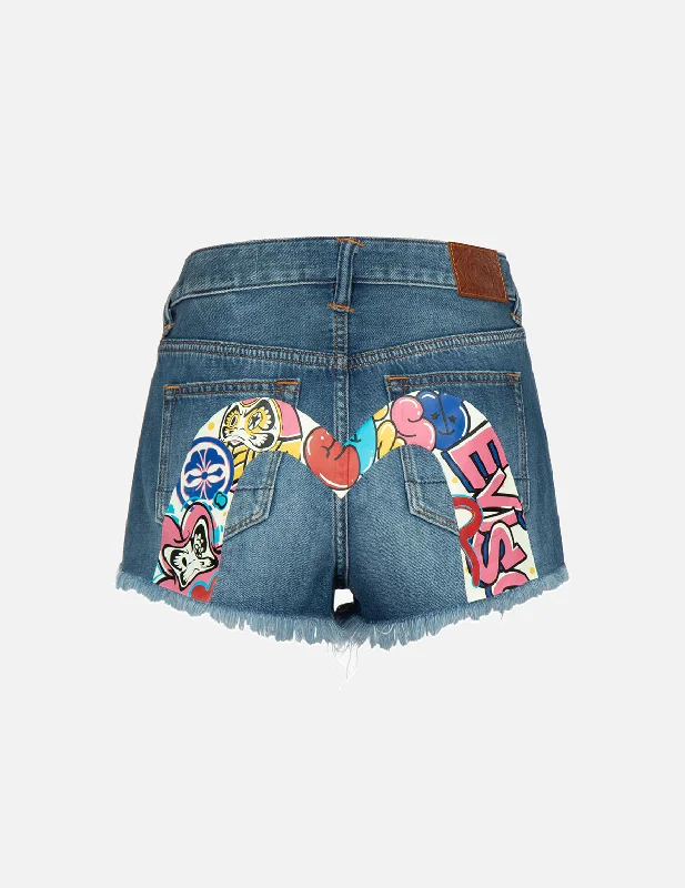 Patterned Geometric Women Shorts for a Modern AppealGraffiti Daruma Daicock Print Denim Shorts