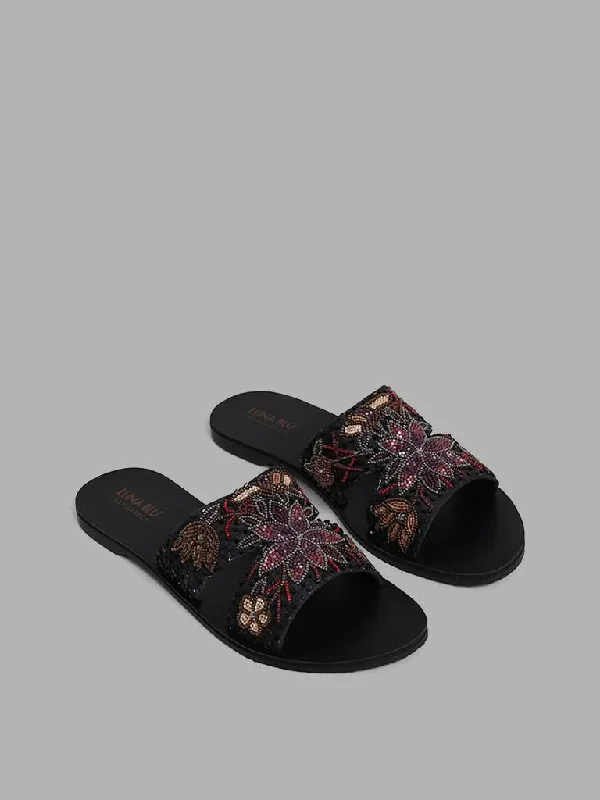 Stretchable Women Shorts for Maximum MobilityLUNA BLU Black Beaded Floral Embroidered Sandals