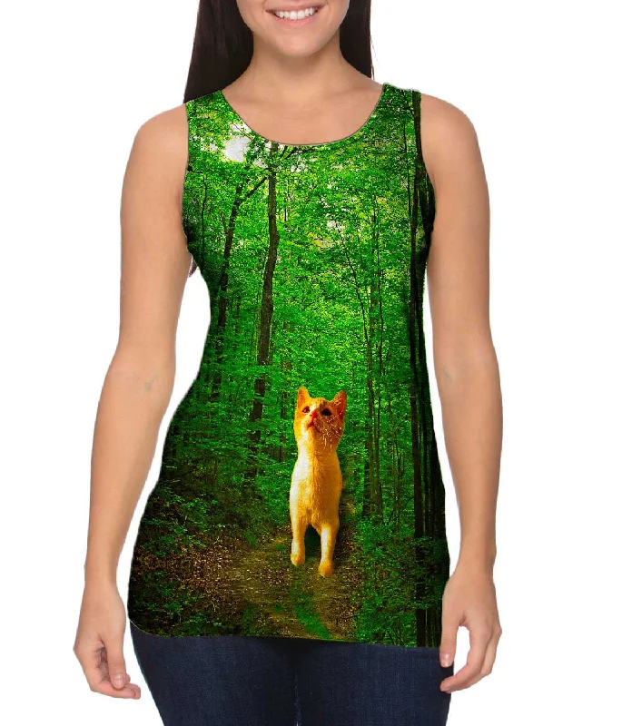 Scoop Neck Women's Linen Blend Tank Tops for SummerOrange Cat Forest