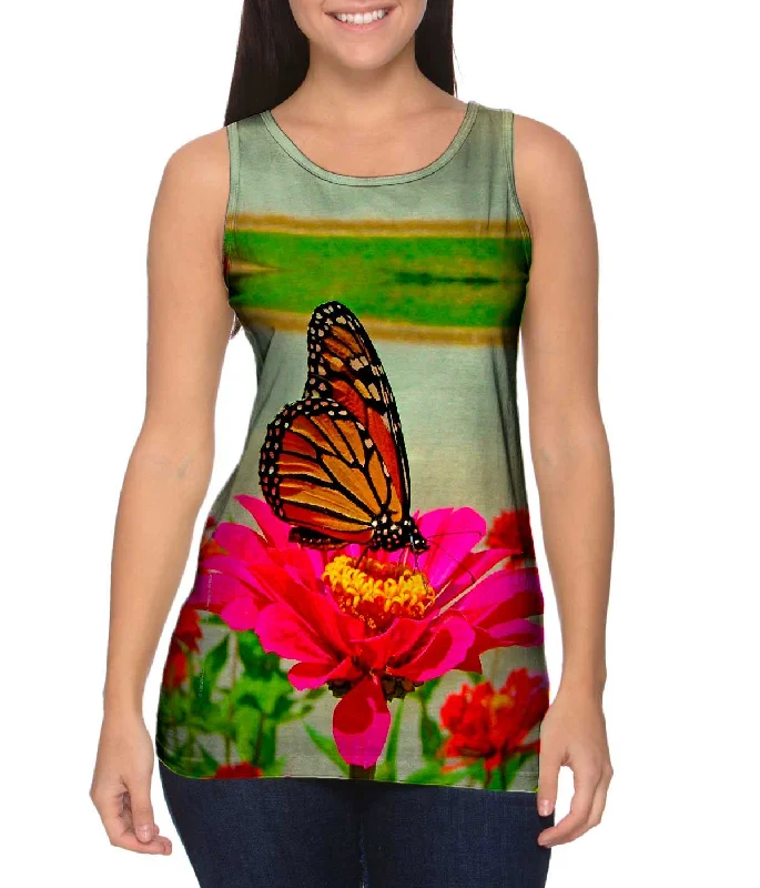 Women's Longline Tank Tops with Abstract PrintsPink Flower Butterfly