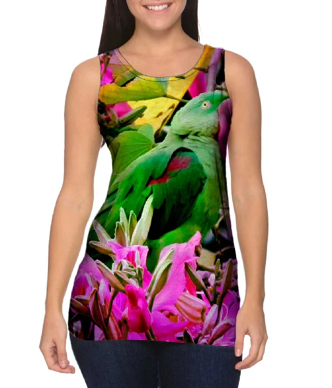 Women's Sleeveless Ribbed Tank Tops for a Trendy LookPink Flower Parrot