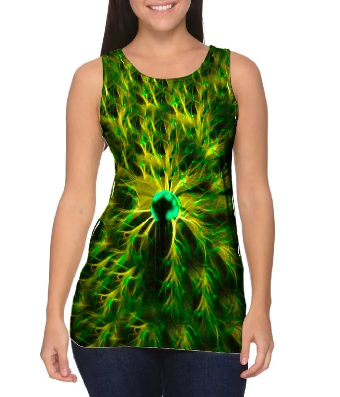 Women's Button - Down Tank Tops in Striped PatternsPlasma Lamp Green Allover