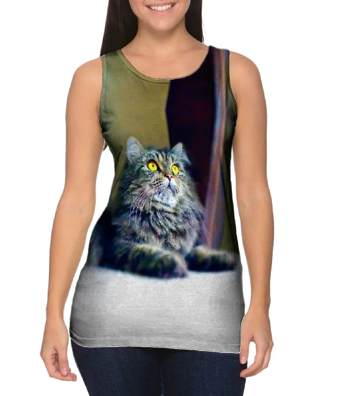 High - Neck Women's Silk Blend Tank Tops for a Luxurious FeelRelaxing Kitty Cat