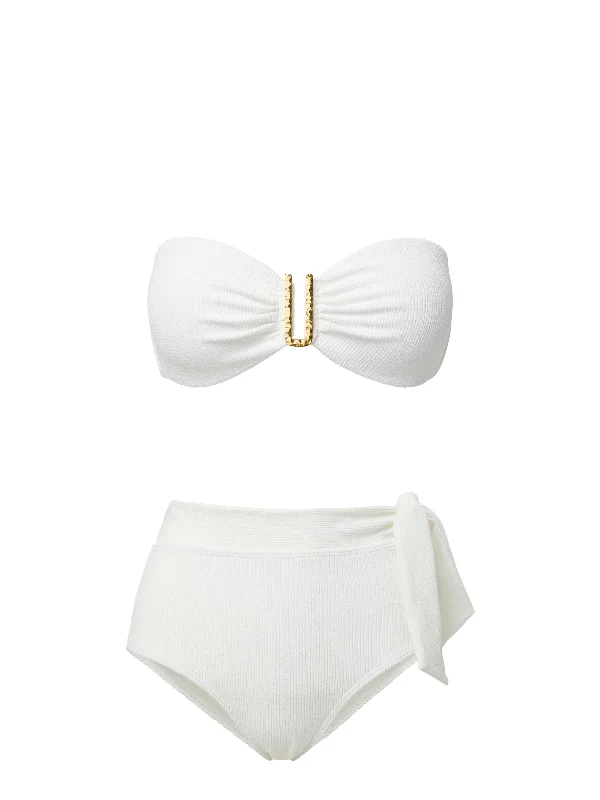 High - waisted bikini for a retro and tummy - flattering lookCindy Top + Side Tie High Waist Bottom in Ivory Texture