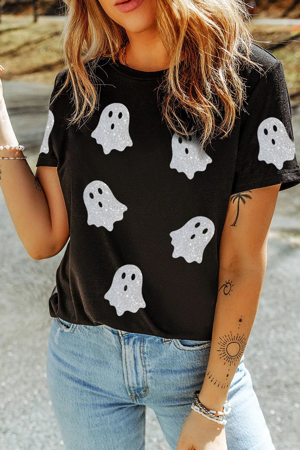 Crop Bodysuits to Pair with High - Waisted BottomsGlitter Ghost Round Neck Short Sleeve T-Shirt