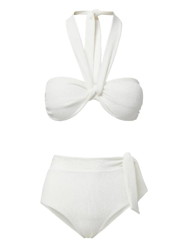 String bikini for a minimalistic and sexy beach styleLoryn Top + Side Tie High Waist Bottom in Ivory Texture