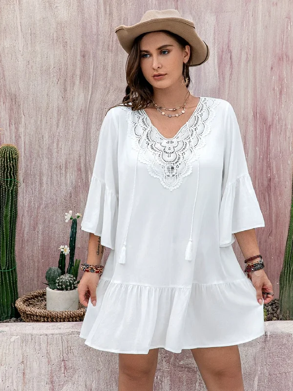 High - Neck Bodysuits for a Modest and Sophisticated LookPlus Size Lace Detail Tie Neck Three-Quarter Sleeve Mini Dress