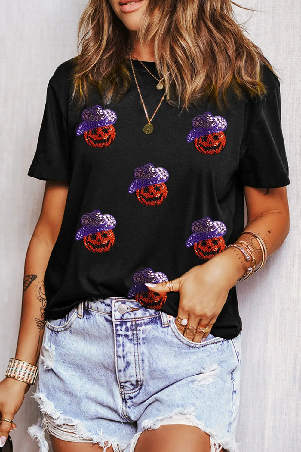 Neon Bodysuits to Stand Out at PartiesSequin Pumpkin Round Neck Short Sleeve T-Shirt