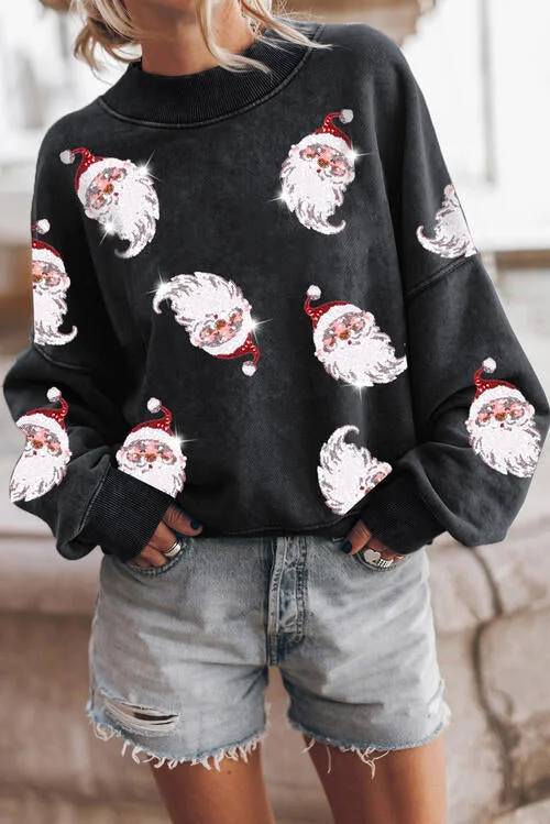 Crop Bodysuits to Pair with High - Waisted BottomsSequin Santa Round Neck Drop Shoulder Sweatshirt